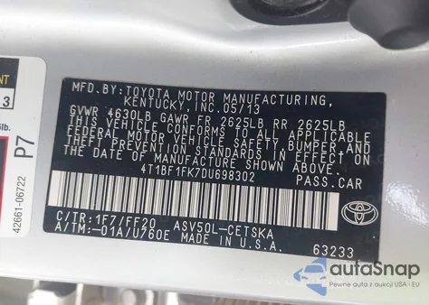 2013 Toyota Camry Se из США, поврежденный, VIN 4T1BF1FK7DU698302